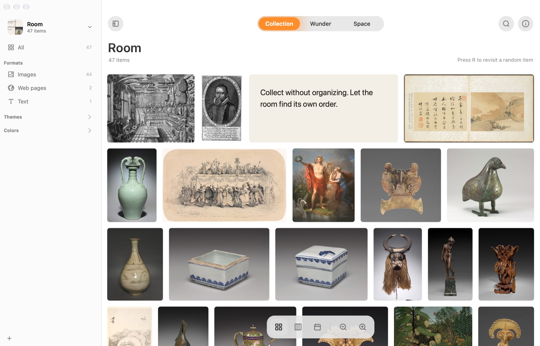 Wunder showing a collection of museum objects in a grid, with the sidebar sorted into formats, themes and colors.