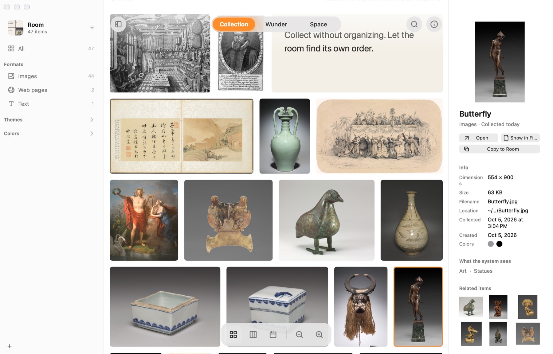 A sculpture selected, with what Wunder noticed about it and related pieces in the side panel.